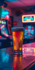 Mobile vertical wallpaper photograph of a beer pint glass in a 90s arcade center.. Story post. - obrazy, fototapety, plakaty