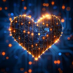 Technological tendrils gently cradling a glowing heart, showcasing a harmonious balance between the power of emotion and the advancements of tech