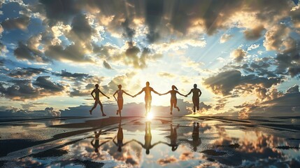 a team crossing the finish line together, representing the shared success achieved through teamwork