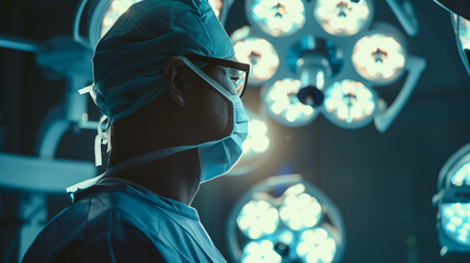 Surgeon in blue scrubs and mask under operating room lights. Medical professionalism and healthcare concept for medical educational material and hospital brochures.