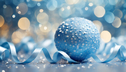 illustration d'un boule bleue recouverte de neige avec ses rubans autour posée sur un sol gris sur un fond blau avec des ronds en effet bokeh