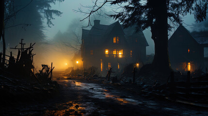 A historical house shrouded in mystical fog, like a picture of unknown tim - obrazy, fototapety, plakaty