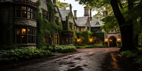 Obraz premium A large old mansion, surrounded by thick foliage of branched trees, as if secluded refuge in