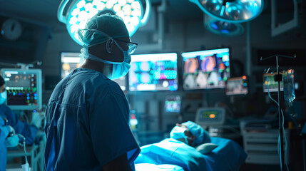 Surgeon in blue scrubs and mask under operating room lights. Medical professionalism and healthcare concept for medical educational material and hospital brochures.