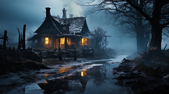 A historical house shrouded in mystical fog, like a picture of unknown ti