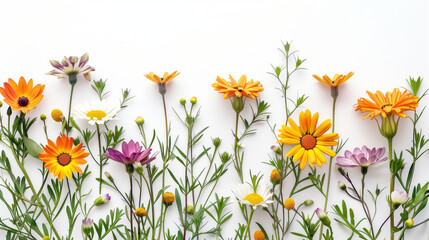 Vibrant spring flowers against an ultra white background and copy space
