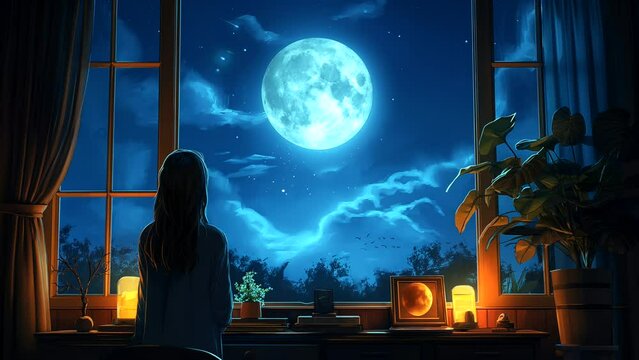 Silhouette of girl standing looking at magical full moon from room window. seamless looping 4k time-lapse animation video background