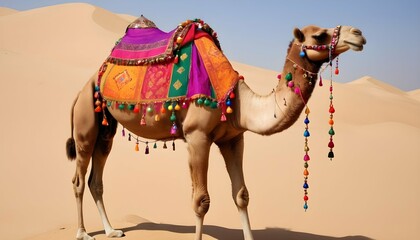A Camel Adorned With Colorful Fabrics And Ornament Upscaled - obrazy, fototapety, plakaty