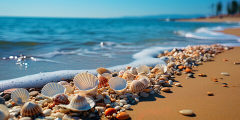 Fototapeta na wymiar A sleepy beach, strewn with soft sand and decorated with shells, like an invitation to the world