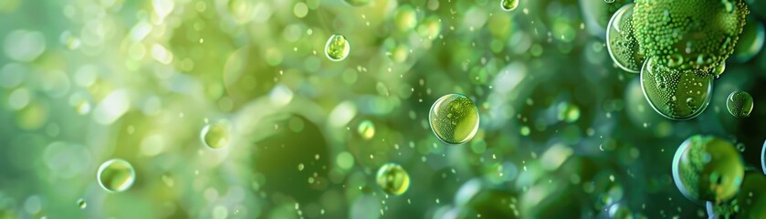 High Green Background with Water Drops and Bubble: A Close-Up Look at Green Chemistry in Drug Synthesis - obrazy, fototapety, plakaty