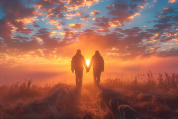 Two men silhouette walking hand in hand towards a glowing bright light,