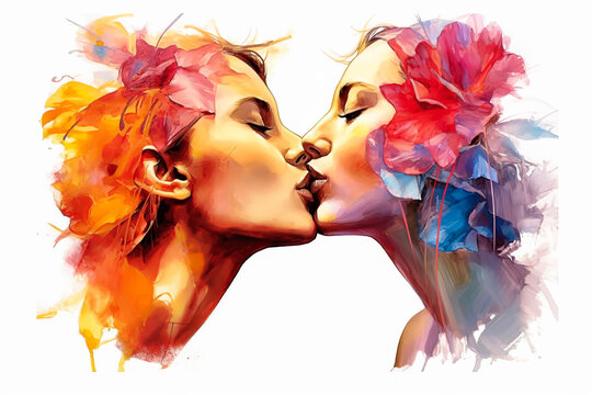 A painting of two women kissing with flowers in their hair