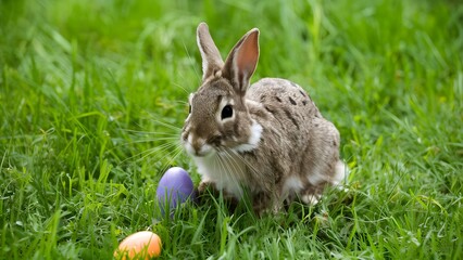 Fototapeta premium Mischievous Easter Bunny caught in the act of hiding colorful eggs