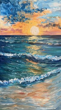 Vibrant seascape painting with sunset