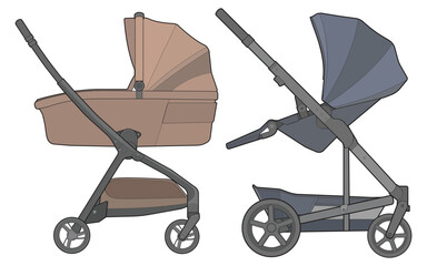 Bundling set of vector of baby stroller isolated on white background. Vector illustration of a sketch style.