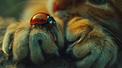Ladybug close-up macro photograph, on a finger, lady bug on a cat's paw, spring mood, flowers, sun