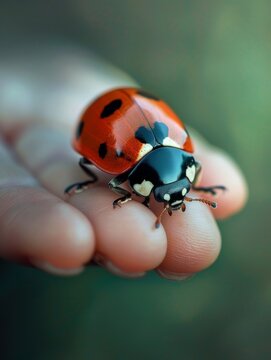 Ladybug close-up macro photograph, on a finger, lady bug on a cat's paw, spring mood, flowers, sun