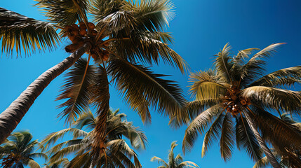 Fototapeta na wymiar Mapal palm trees, spreading their branches to the blue sky, like a desire for heig