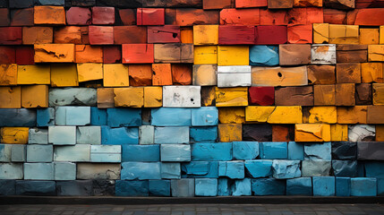 Multi colored bricks, like painted paintings, telling about different eras and cultur - obrazy, fototapety, plakaty