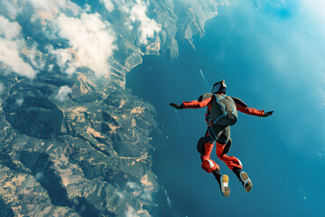 A skydiver soars through the sky, circling at high altitude in a free-fall attitude