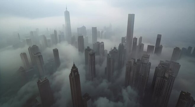 Smog-filled city skyline, showcasing air pollution's impact on urban areas