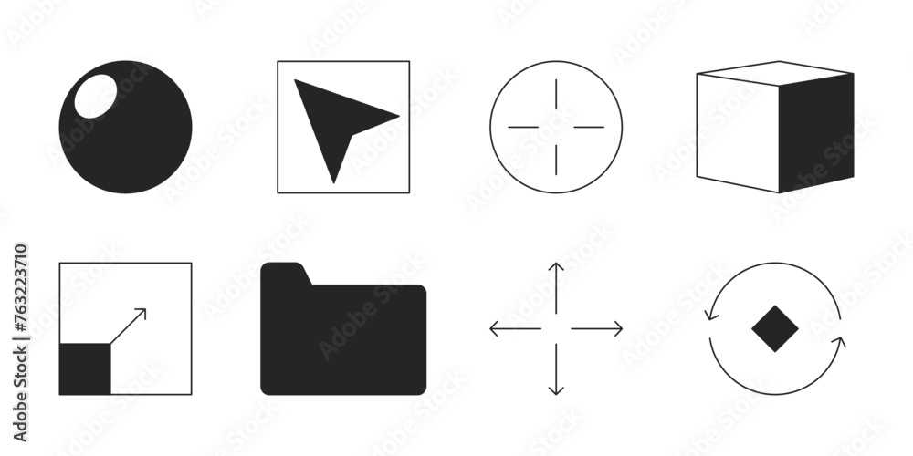 Poster ui design development black and white 2d line cartoon objects set. web page responsive control isola