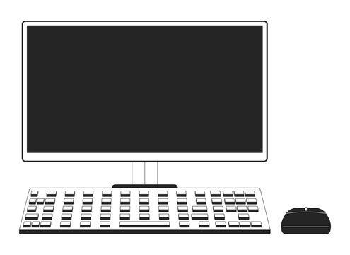 Computer with empty monitor black and white 2D line cartoon object. Office pc workstation isolated line vector element white background. Business and entertainment monochromatic flat spot illustration