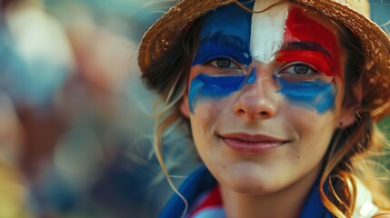 Olympic 2024 banner paris games concept joyful and energetic young woman with red white and blue...