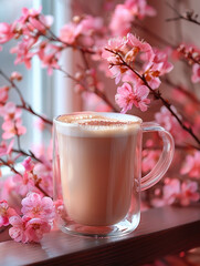 Obraz na płótnie Canvas cup of coffee with cherry blossom flowers