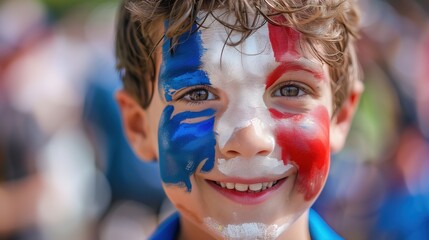Games 2024 cheerful boy sporting olympic vibrant flag colors on his face at event