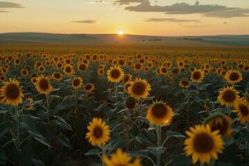 Sunflower field at sunset. Beautiful summer landscape with sunflowers.