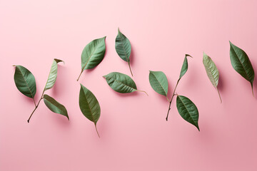 Group of green leaves on pink background