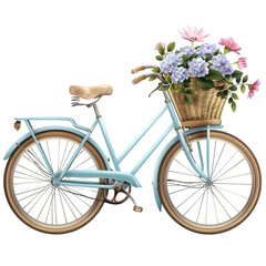 Retro bicycle with a basket of flowers isolated on white or transparent background