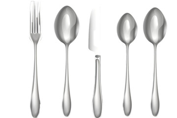 Set of elegant silver cutlery (fork, knife, spoon) isolated on white or transparent background