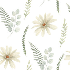 Watercolor seamless pattern with flowers and herbs. Hand drawn floral  illustration on white background