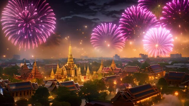  fireworks night in the city of celebration Wat Phra Kaew Bangkok, Thailand