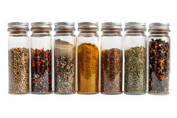 Assortment of aromatic spices in glass jars isolated on white or transparent background 