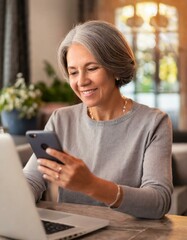 Happy smiling older woman using technology, working from home. Mature lady with a laptop and smart phone.