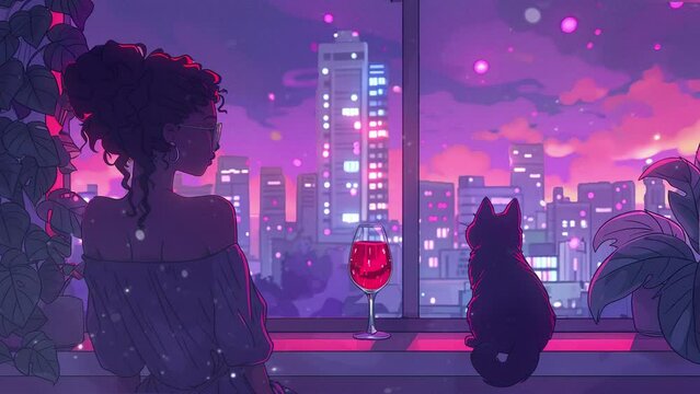 An animated scene featuring a girl with wine and a cat against a nighttime cityscape backdrop. Lo-fi style. Continuous loop	