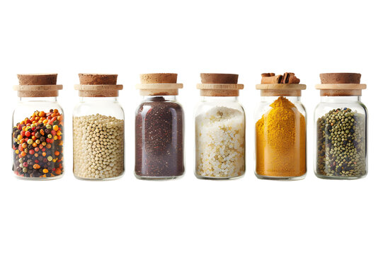 Assortment of aromatic spices in glass jars isolated on white or transparent background 