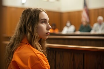 a young woman in an orange prison jumpsuit sitting at the backrest inside a courtroom. generative AI - obrazy, fototapety, plakaty