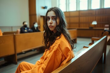 a young woman in an orange prison jumpsuit sitting at the backrest inside a courtroom. generative AI