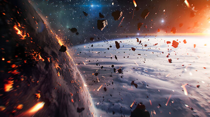 Intense Space Scene with Particles and Planets - obrazy, fototapety, plakaty