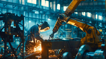 Robot Worker Welding Steel Pipe in Industrial Workshop