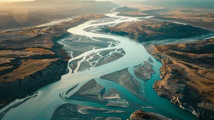 Aerial view of a meandering river at sunset - obrazy, fototapety, plakaty