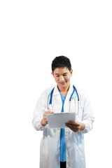 Man portrait of a doctor wearing a white coat and a stethoscope looking into the camera on a white isolated background