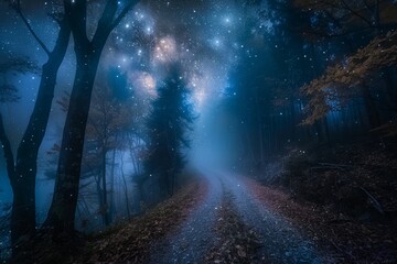 A forest path shrouded in fog and smoke under a starry night sky - obrazy, fototapety, plakaty