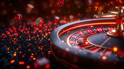 Vibrant Red Lights Illuminate Casino Roulette Table - obrazy, fototapety, plakaty