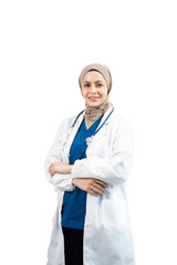 Muslim Arab person. The face of a female doctor on an isolated white background.