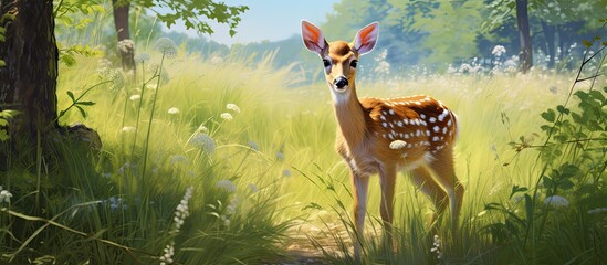 A deer is peacefully standing in a grassy field surrounded by the natural landscape of the woods, showcasing the beauty of a terrestrial animal in its habitat - obrazy, fototapety, plakaty